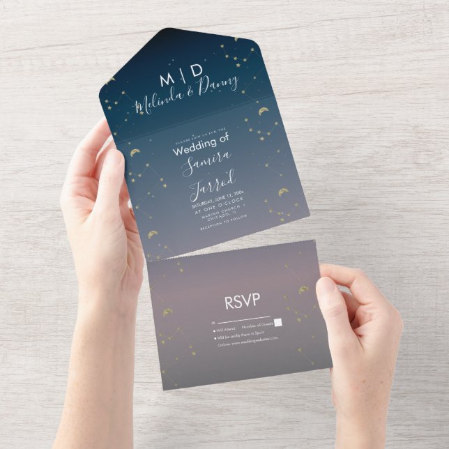 Invitation Tout En Un Mariage Ciel Ombre Or Constellation (Déchirure)