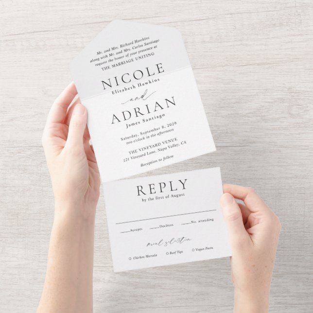 Invitation Tout En Un Mariage classique noir et blanc élégant (Déchirure)