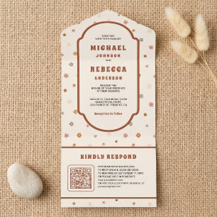 Invitation Tout En Un Mariage Code QR Fleurs Délicates Rétro Groovy des 