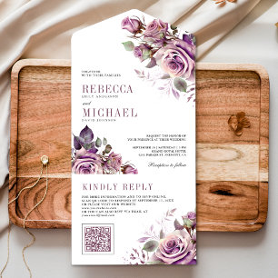 Invitation Tout En Un Mariage Code QR Floral Pourpre Poussiéreux