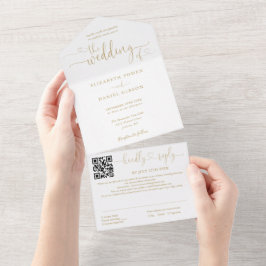 Invitation Tout En Un Mariage Code QR Moderne Écriture Cœur Doré