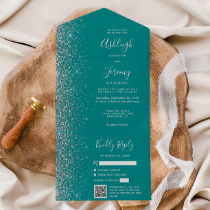Invitation Tout En Un Mariage Code QR Paillettes Bleu Turquoise Argent