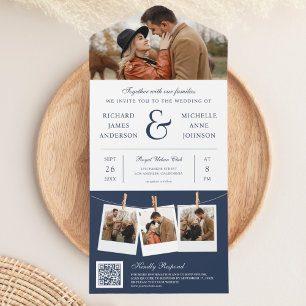 Invitation Tout En Un Mariage Code QR Photo Ampersand Bleu Nuit Moderne
