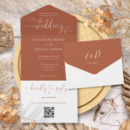 Invitation Tout En Un Mariage Code QR Terracotta Script Hearts