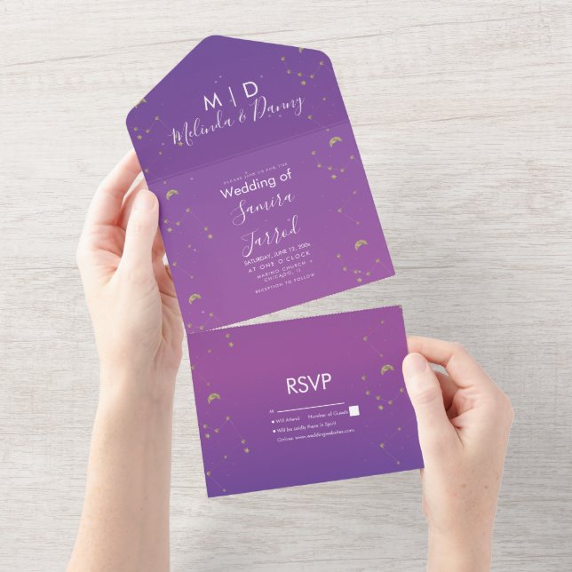 Invitation Tout En Un Mariage Constellation Or Ombre Pourpre (Déchirure)