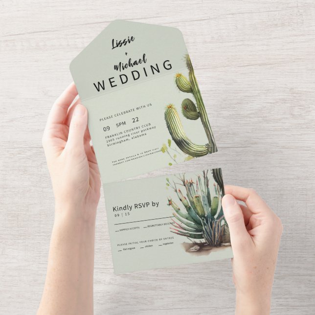 Invitation Tout En Un Mariage contemporain Sage Cactus (Déchirure)