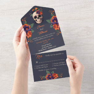 Invitation Tout En Un Mariage crâne floral gothique élégant 3D