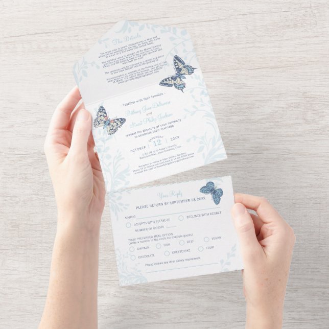 Invitation Tout En Un Mariage crème papillons repas RSVP détails (Déchirure)