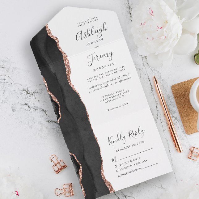 Invitation Tout En Un Mariage d'âge moderne Black Rose Gold (Créateur téléchargé)
