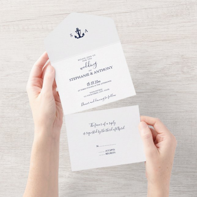 Invitation Tout En Un Mariage d'Ancre bleu marine Monogram (Déchirure)