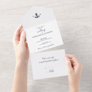 Invitation Tout En Un Mariage d'Ancre bleu marine Monogram
