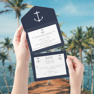 Invitation Tout En Un Mariage d'Ancres nautiques simple Bleu Marine