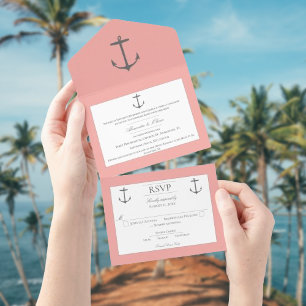 Invitation Tout En Un Mariage d'Ancres nautiques simple   Corail