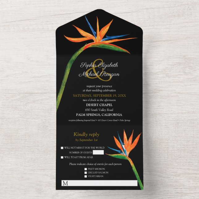Invitation Tout En Un Mariage d'aquarelle Bird of Paradise (À l'intérieur)