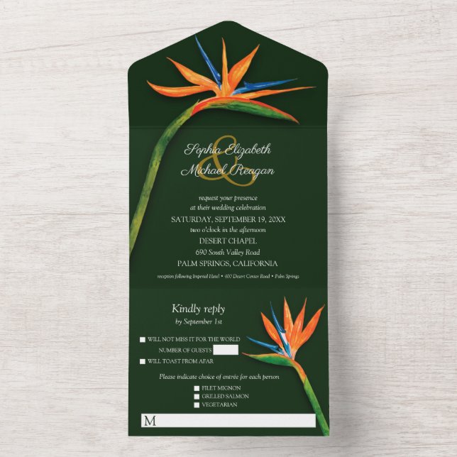 Invitation Tout En Un Mariage d'aquarelle Bird of Paradise (À l'intérieur)