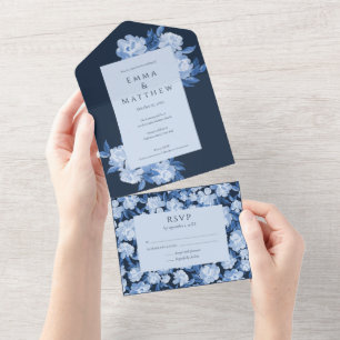 Invitation Tout En Un Mariage d'aquarelle bleu blanc