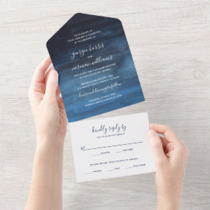 Invitation Tout En Un Mariage d'aquarelle bleu marine moderne All In One