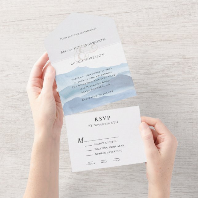 Invitation Tout En Un Mariage d'aquarelle bleu moderne (Déchirure)