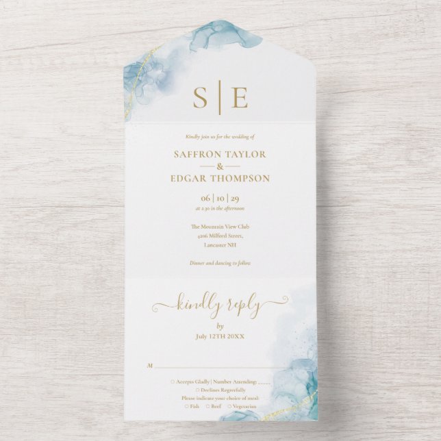 Invitation Tout En Un Mariage d'aquarelle bleu monogramme or (À l'intérieur)