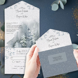 Invitation Tout En Un Mariage d'aquarelle de la forêt de neige d'hiver a