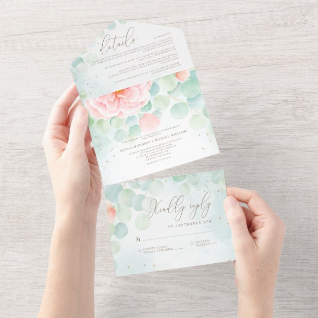 Invitation Tout En Un Mariage d'aquarelle Eucalyptus Peony (Déchirure)