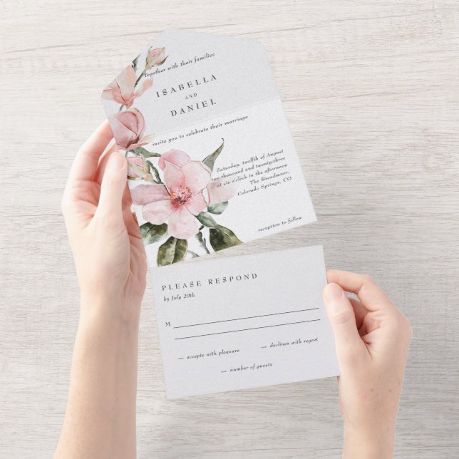 Invitation Tout En Un Mariage d'aquarelle florale classique Magnolia (Déchirure)