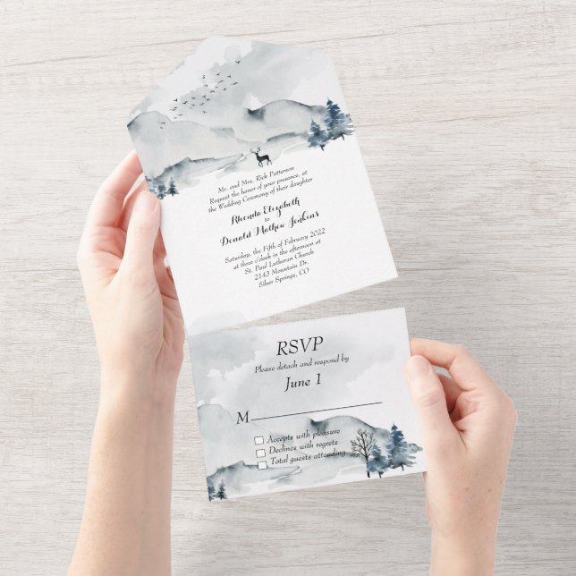 Invitation Tout En Un Mariage d'aquarelle Foggy Mountains (Déchirure)