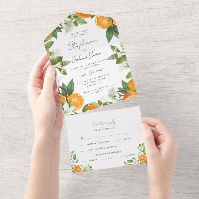 Invitation Tout En Un Mariage d'aquarelle mandarin orange (Déchirure)