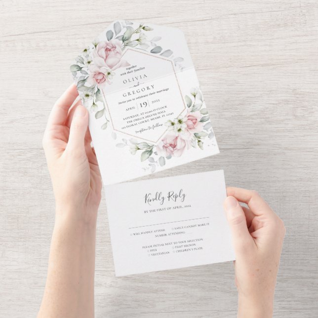 Invitation Tout En Un Mariage d'aquarelle Rose de printemps romantique  (Déchirure)