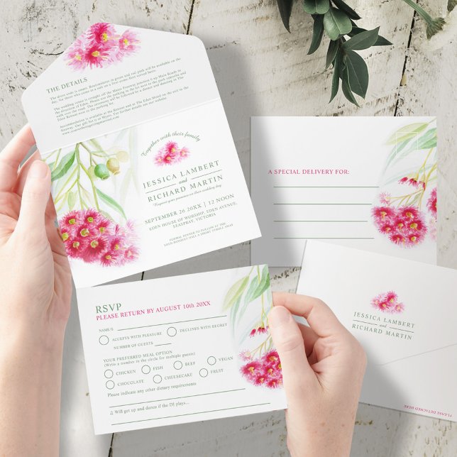 Invitation Tout En Un Mariage d'aquarelle rouge vert eucalyptus (Créateur téléchargé)