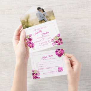 Invitation Tout En Un Mariage d'aquarelle stock rose QR code RSVP