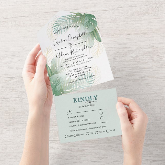 Invitation Tout En Un Mariage d'aquarelle verte de feuillage tropical (Déchirure)