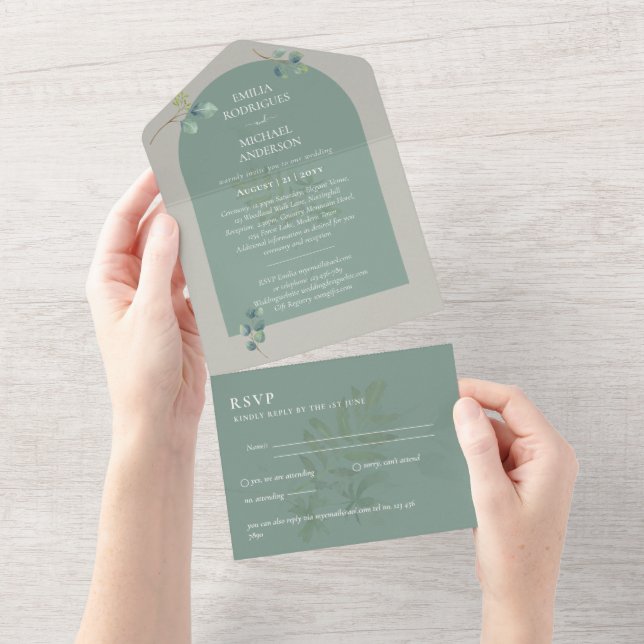 Invitation Tout En Un Mariage d'arc Eucalyptus 3in1 vert RSVP (Déchirure)