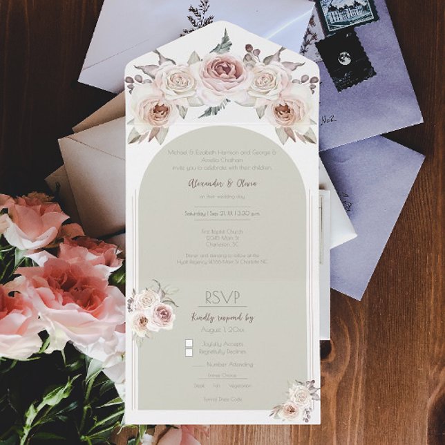 Invitation Tout En Un Mariage d'arc Rose de Bohême (Bohemian Rose Arch Wedding All in One Invitation)