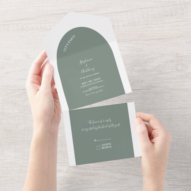 Invitation Tout En Un Mariage d'arche verte et blanche Sage (Déchirure)