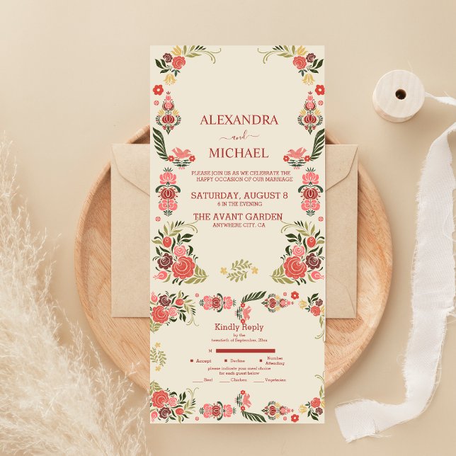 Invitation Tout En Un Mariage d'art populaire fleuri et coloré (Créateur téléchargé)