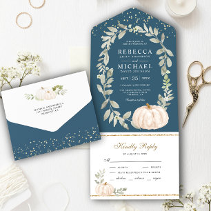 Invitation Tout En Un Mariage d'automne citrouille blanche verdure bleu 