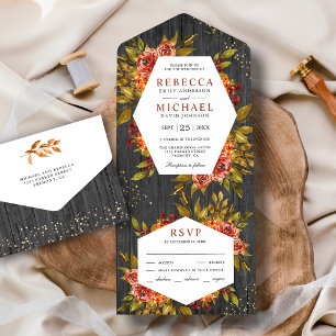 Invitation Tout En Un Mariage d'automne floral bois gris orange brûlé