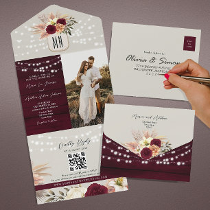 Invitation Tout En Un Mariage d'automne floral rustique bordeaux 