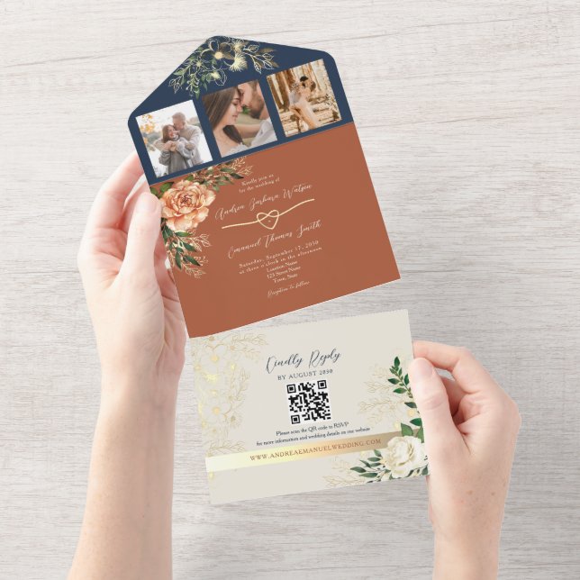 Invitation Tout En Un Mariage de automne élégant en terre cuite et bleu  (Déchirure)