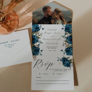 Invitation Tout En Un Mariage de automne floral bleu marine