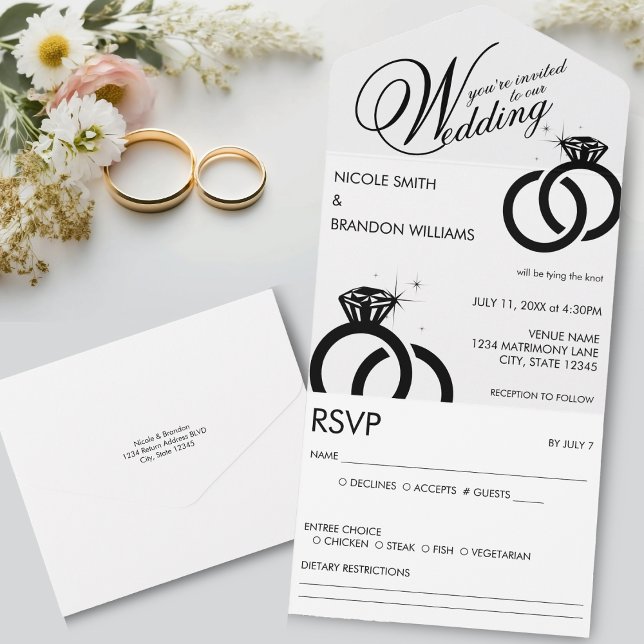 Invitation Tout En Un Mariage de bague diamant blanc et noir (White & Black Diamond Ring Wedding All In One Invitation)