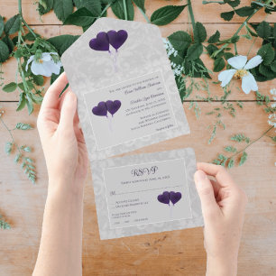 Invitation Tout En Un Mariage de ballons de coeur violet