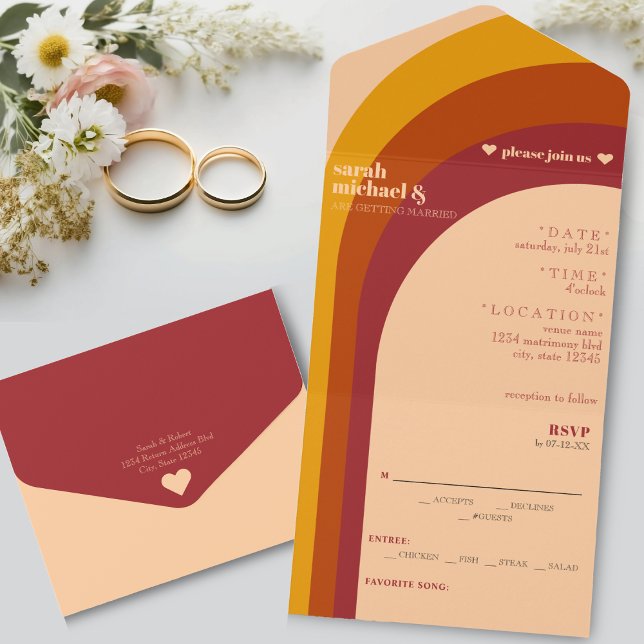 Invitation Tout En Un Mariage de bande Arche courbe rétro (Retro Curved Arch Stripe Wedding All In One Invitation)