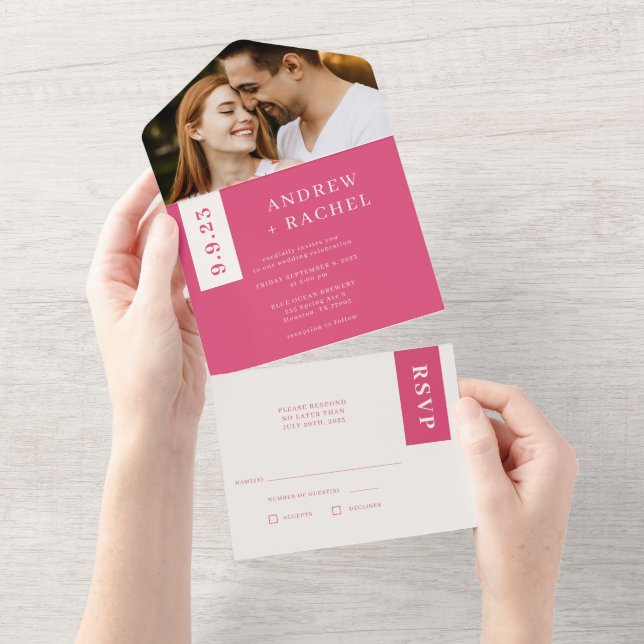 Invitation Tout En Un Mariage de blocs roses Fuchsia (Déchirure)