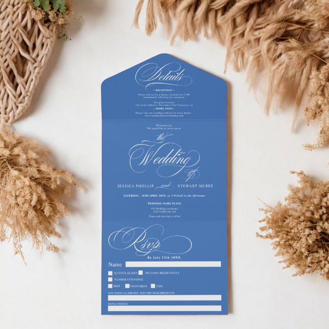 Invitation Tout En Un Mariage de calligraphie (French blue elegant script calligraphy wedding all in one invitation)