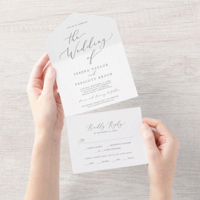 Invitation Tout En Un Mariage de calligraphie argentée (Déchirure)