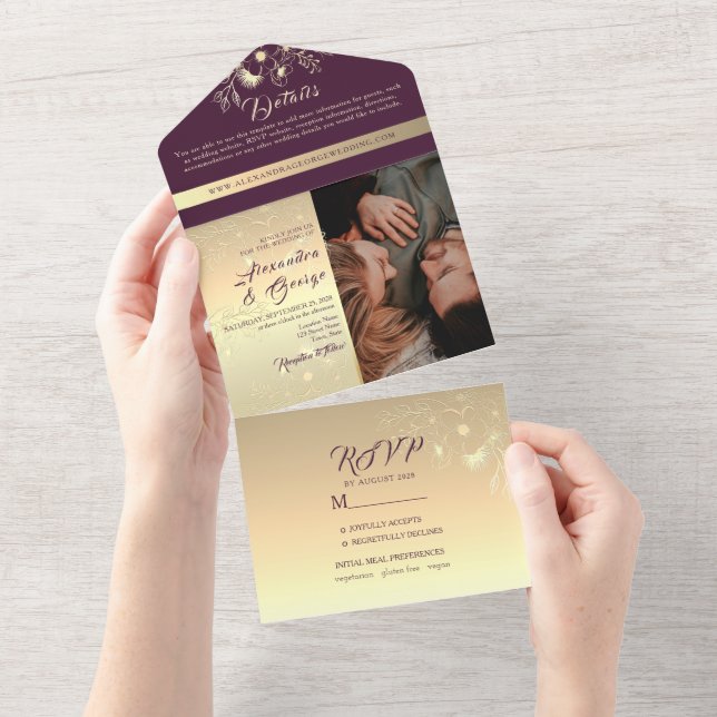 Invitation Tout En Un Mariage de calligraphie d'or romantique (Déchirure)
