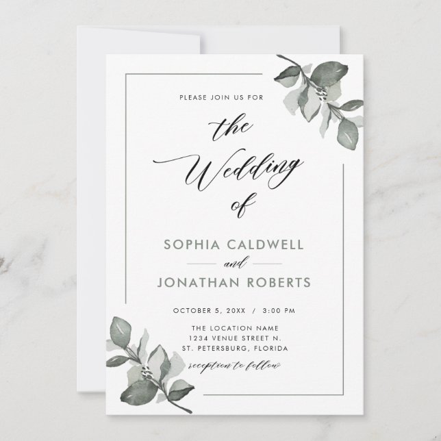 Invitation Tout en un Mariage de calligraphie Eucalyptus (Devant)