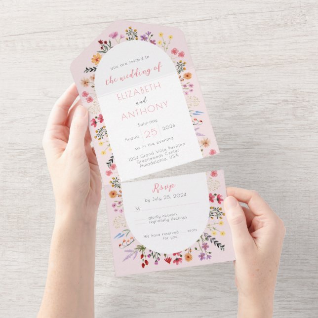Invitation Tout En Un Mariage de calligraphie Fleur sauvage rose (Déchirure)